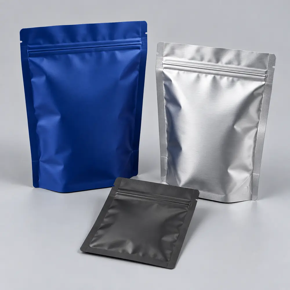Style reference: cobalt, silver and charcoal Mylar pouches